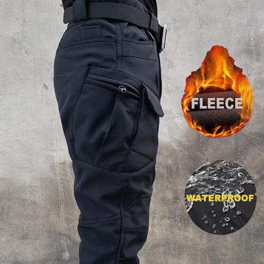 Men's fleece lined winter cargo pants for hiking and camping.