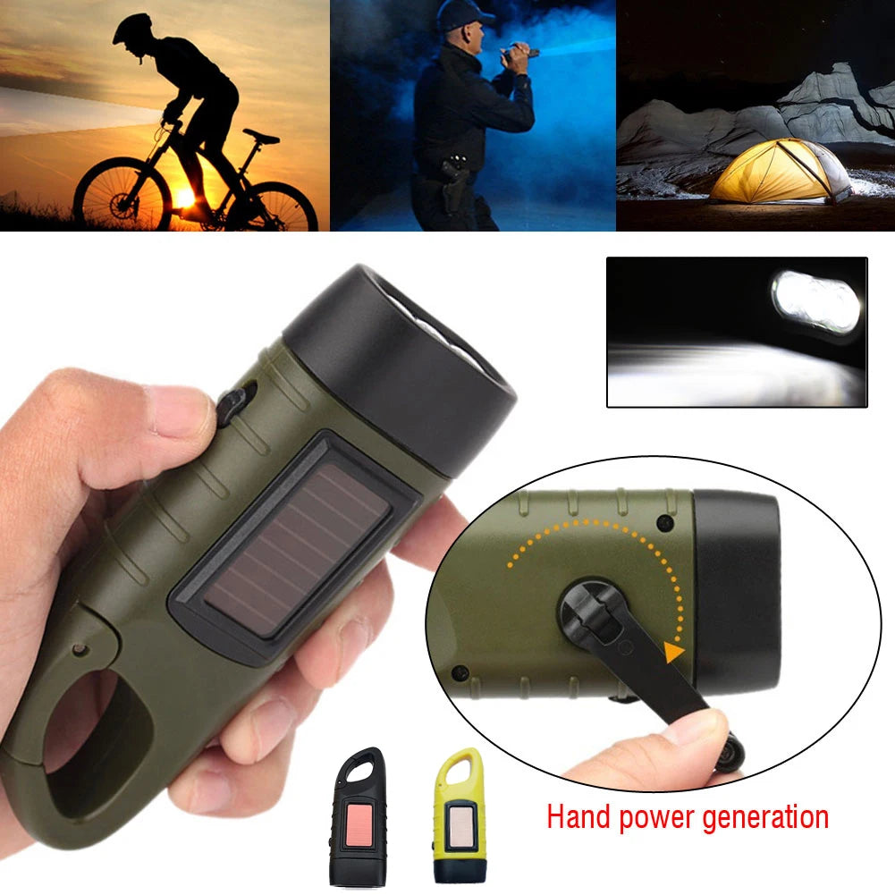 LED Flashlight Hand Crank Solar Powered Rechargeable Survival Gear Self Powered Charging Torch Dynamo for Fishing Boating Hiking