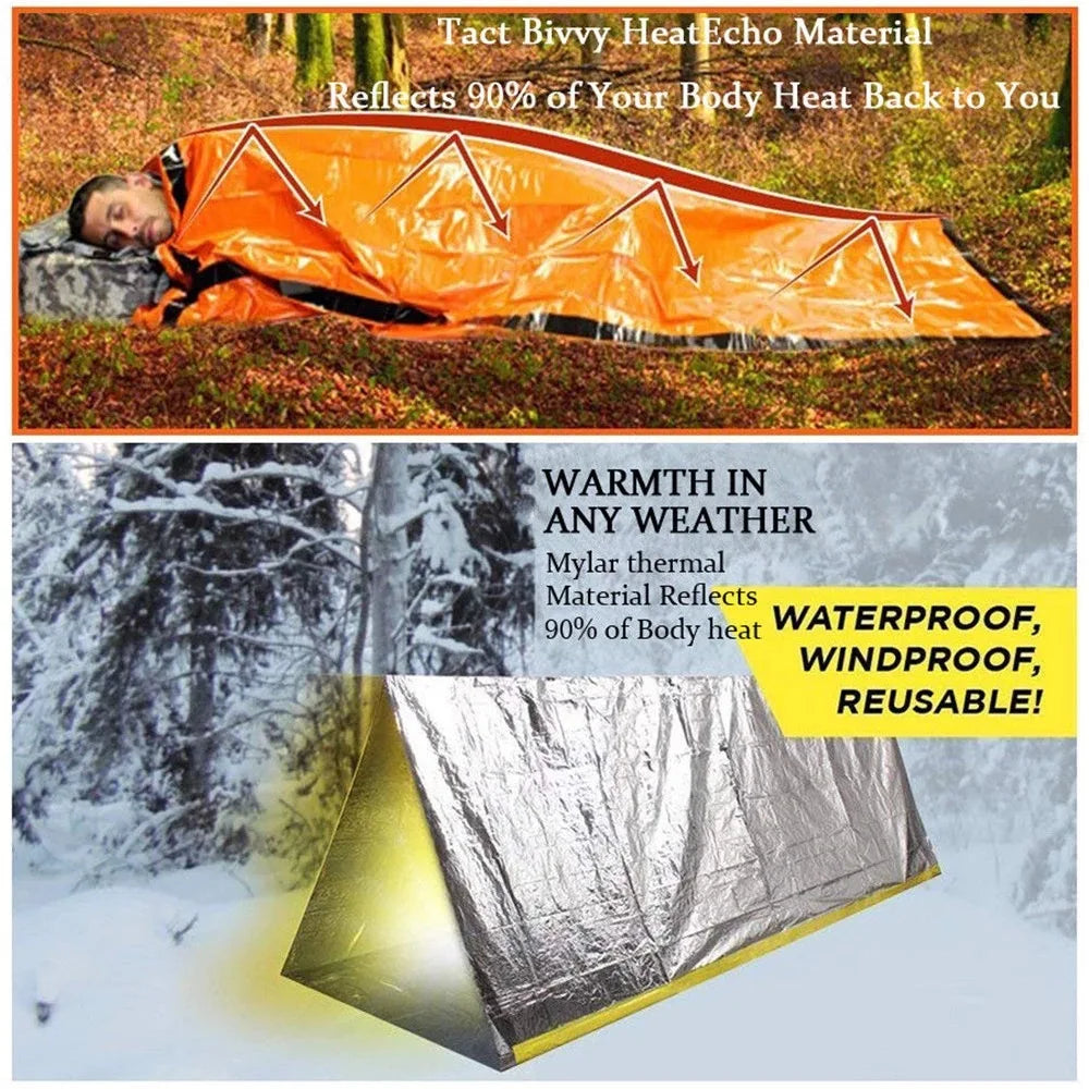 Portable Waterproof Emergency Survival Sleeping Bag Hiking Camping Gear Thermal Bivy Sack First Aid Rescue Kit Mylar Blanket