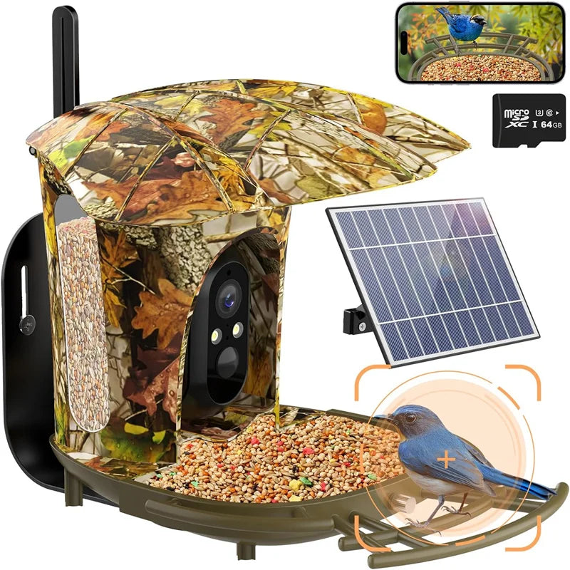 Smart Bird Feeder Camera,1080P HD,11000+ Bird Species Camera Auto Capture,6W Solar Panel Bird Species,Bird House with 64G Card